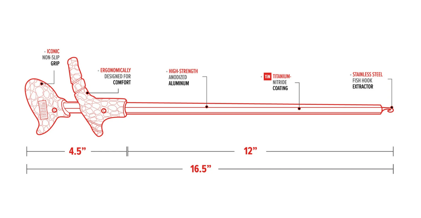 Diagram of a fishing tool with labeled features and dimensions on a white background