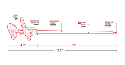 Diagram of a fishing tool with labeled features and dimensions on a white background