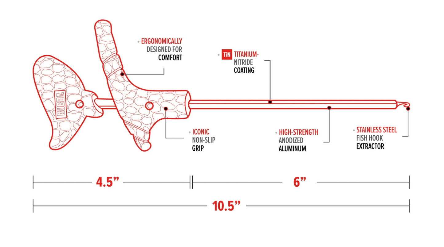 Technical diagram of a fishing tool with features and measurements labeled