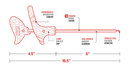 Technical diagram of a fishing tool with features and measurements labeled