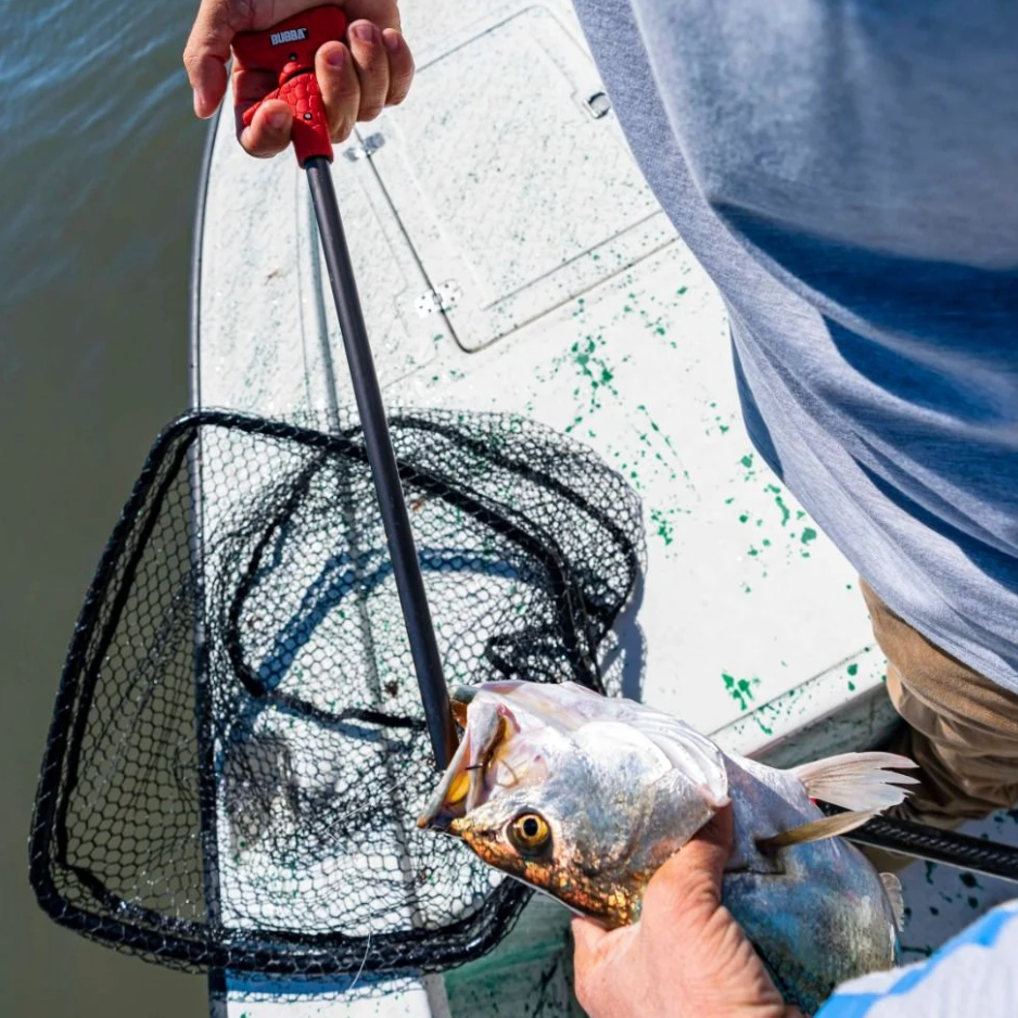 Person holding a fish caught with a net on a boat