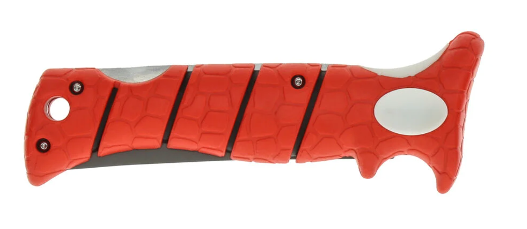 Red knife handle with textured surface on a white background