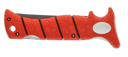 Red and black folding knife on a white background