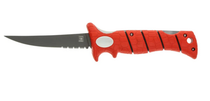 Red knife with a black blade on a white background