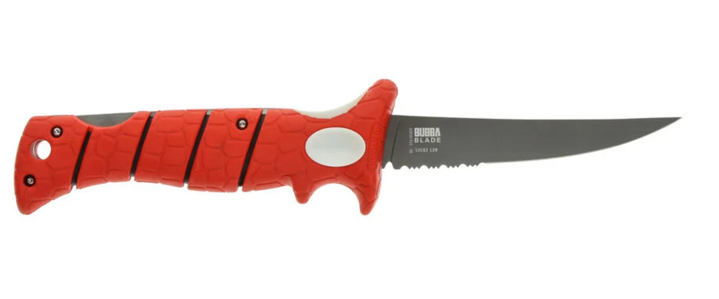 Red knife with a black blade on a white background