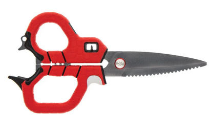 Red-handled shears with a serrated blade on a white background