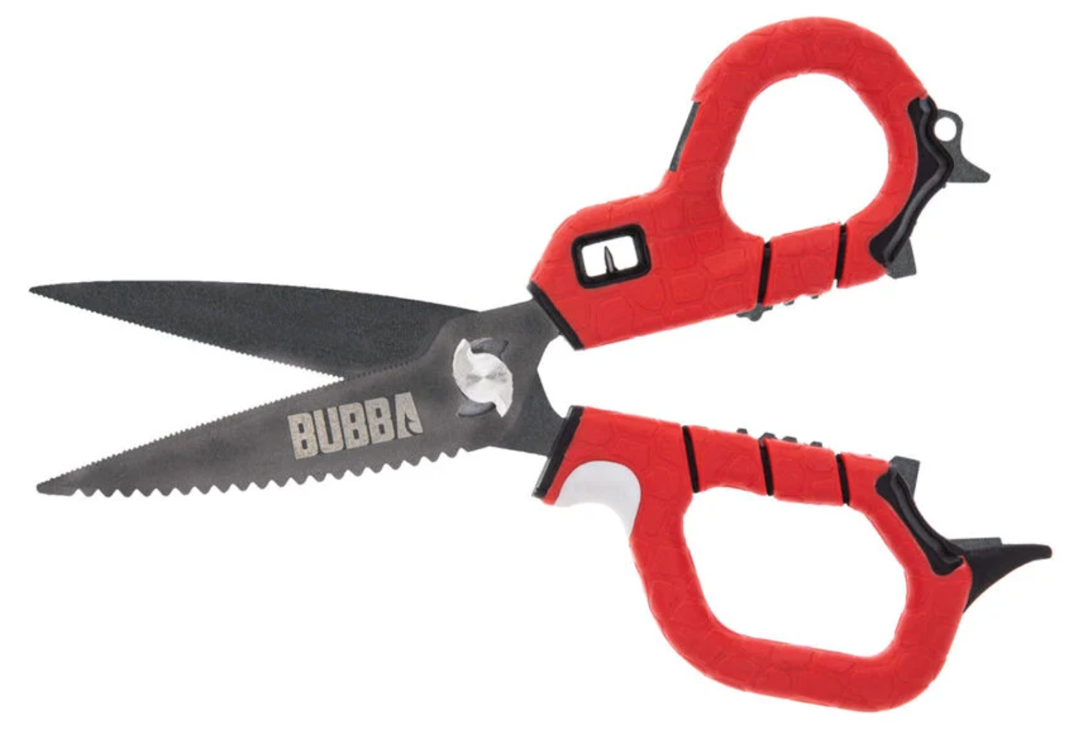 Red-handled shears with black blades on a white background, featuring the brand 'Bubba'.