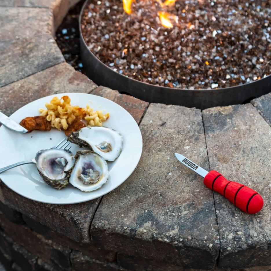 Oysters on a plate with a fire pit in the background