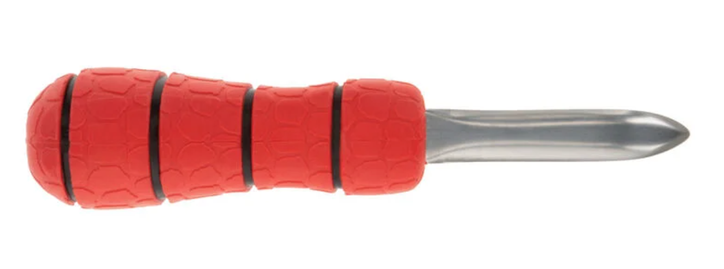 Red-handled tool with a metallic blade on a white background