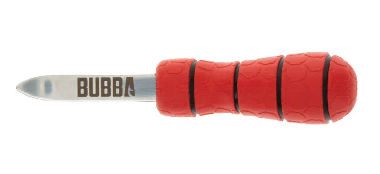 Red-handled knife with 'Bubba' branding on a white background