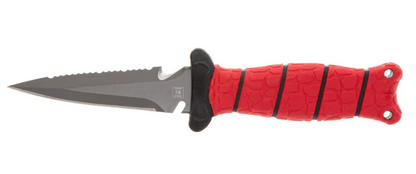 Knife with a red handle and black accents on a white background