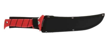 Knife with a black blade and red sheath on a white background