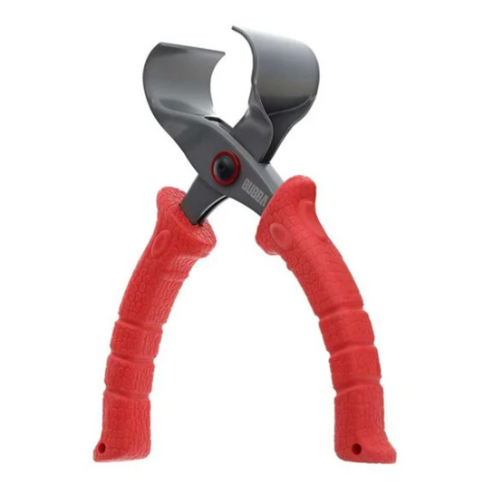 Pruning shears with red handles on a white background