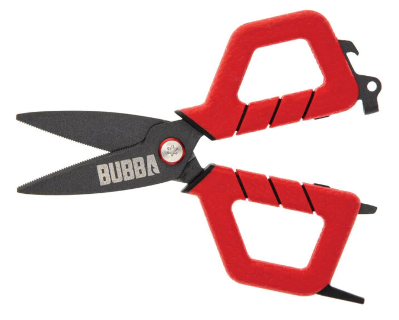 Red-handled scissors with black blades on a white background, featuring the brand 'Bubba'.