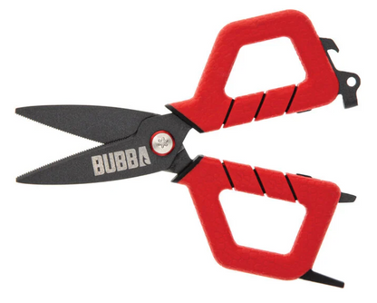 Red-handled scissors with black blades on a white background, featuring the brand 'Bubba'.