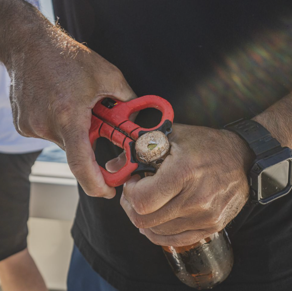 Hand using a red bottle opener on a bottle, with a blurred background