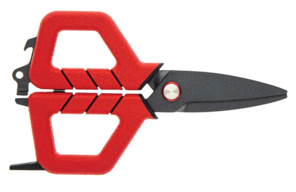 Red-handled scissors with black blades on a white background