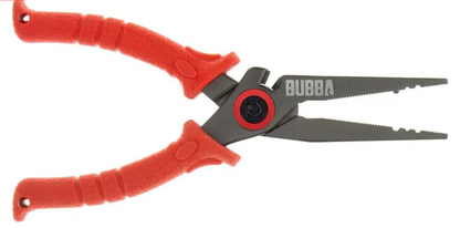 Red and black Bubba brand fishing shears on a white background