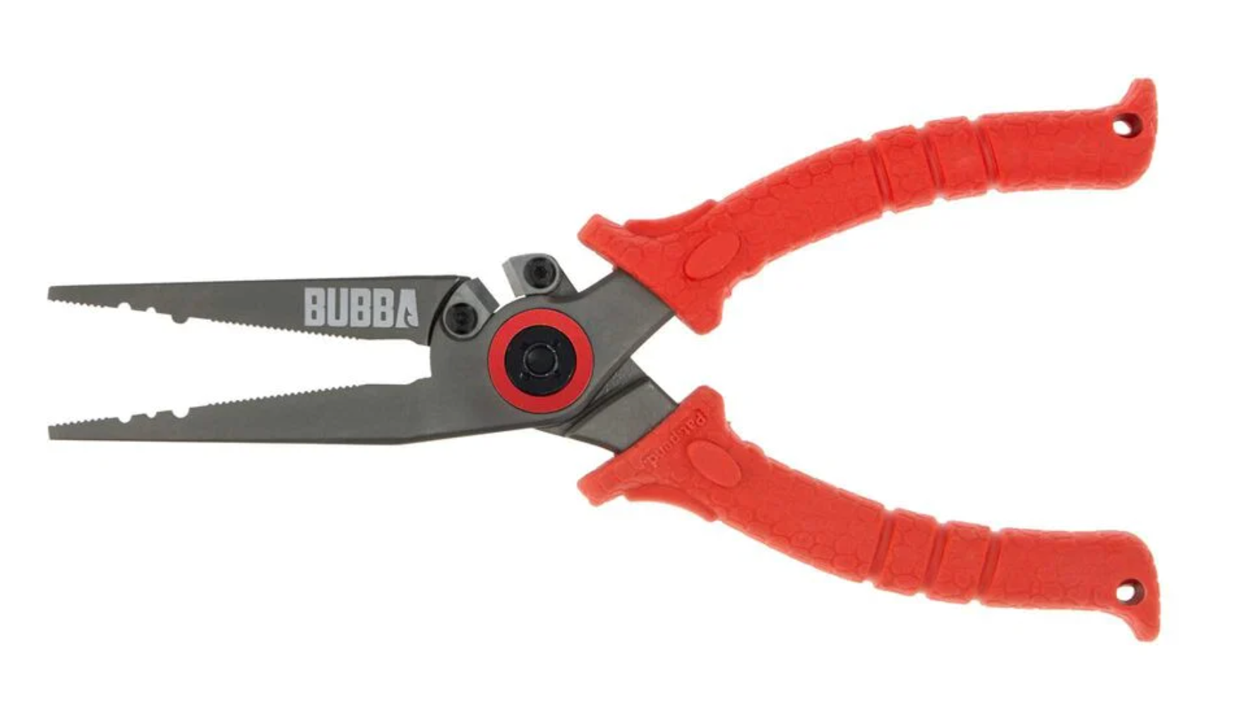Red and gray fishing pliers with 'Bubba' branding on a white background