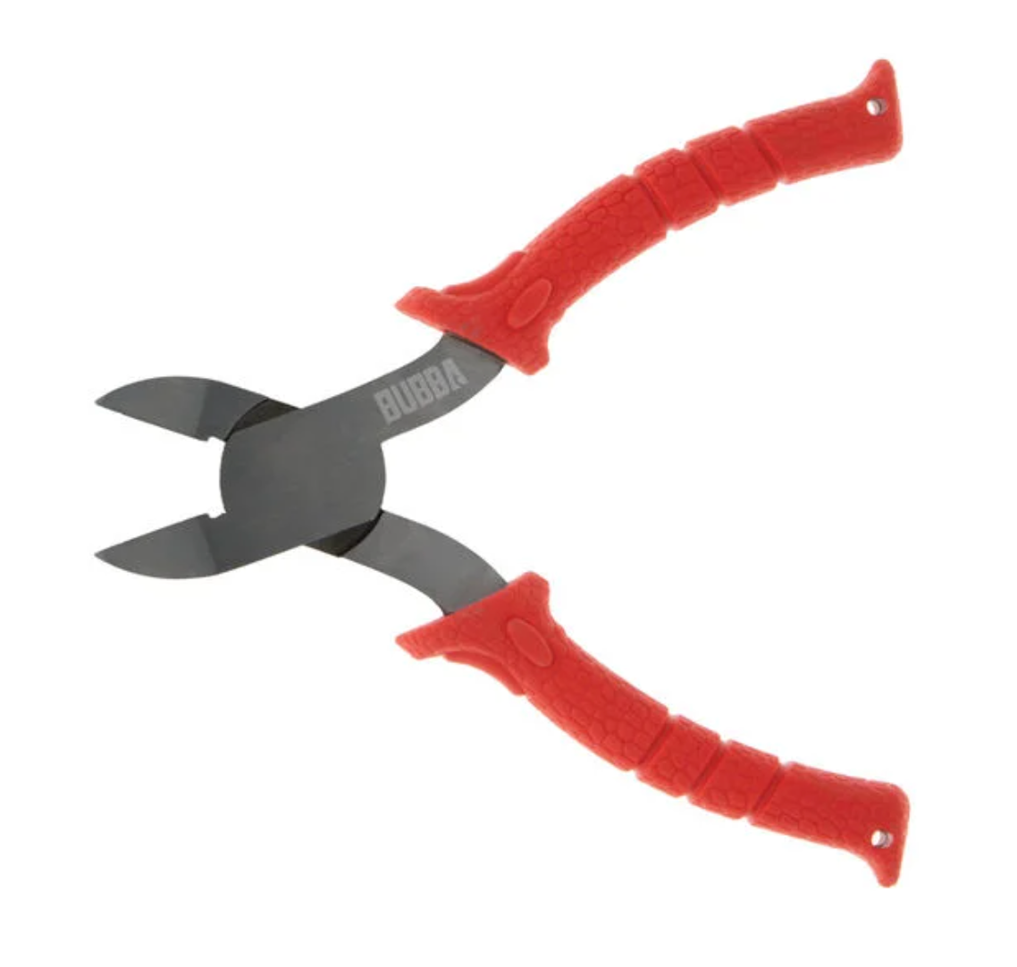 Pruning shears with red handles on a white background