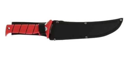 Knife with a black blade and red sheath on a white background