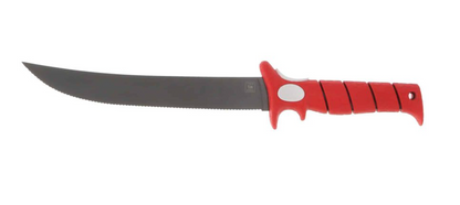 Red-handled knife with a black blade on a white background
