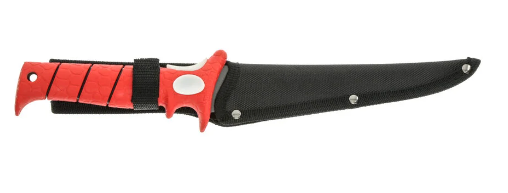 Knife with a red handle and black sheath on a white background