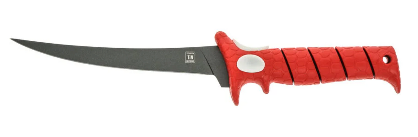 Red fillet knife with a black blade on a white background