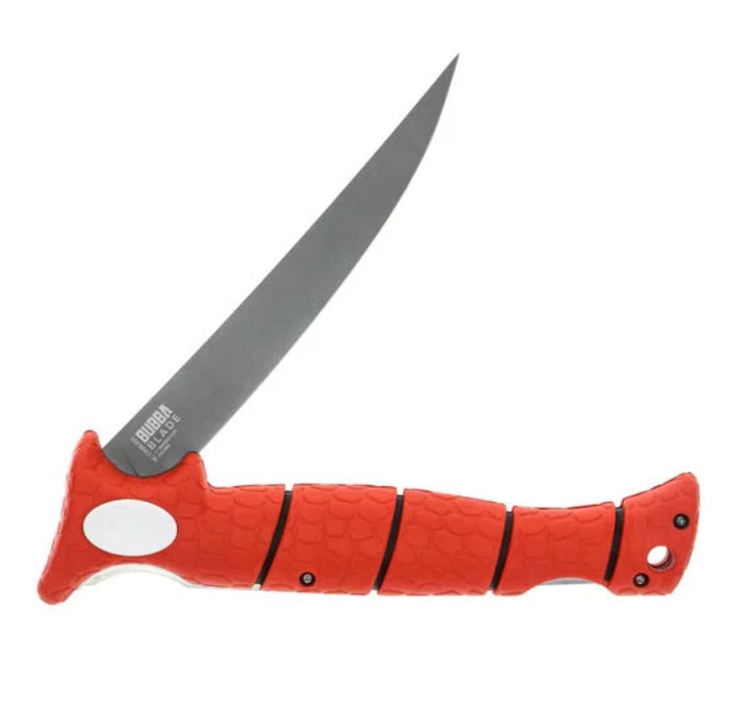 Red fillet knife with a textured handle on a white background