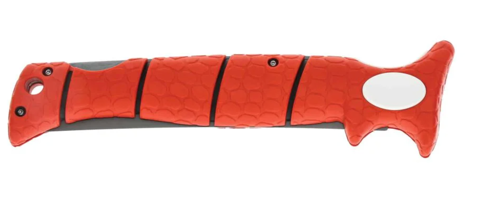 Red folding knife with a textured handle on a white background