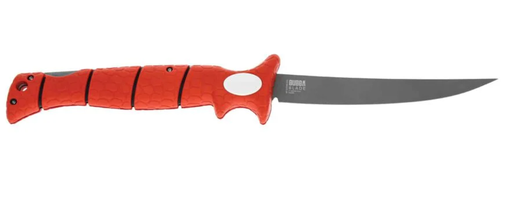 Red knife with a black blade on a white background