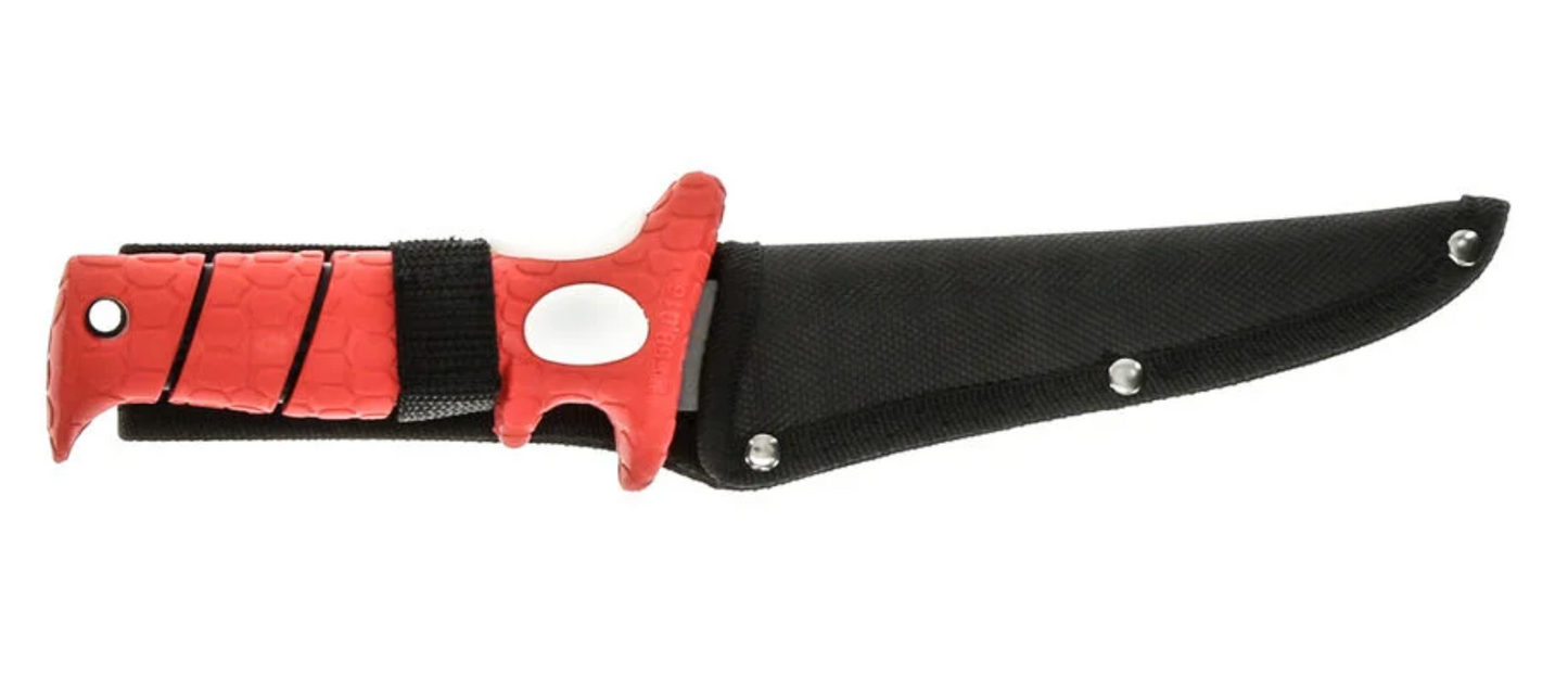 Knife with a red handle and black sheath on a white background