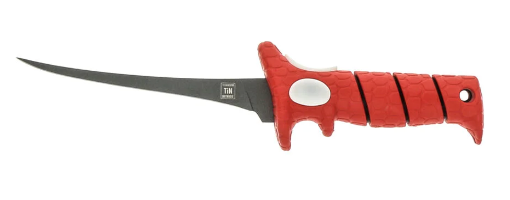 Forked knife with red handle on a white background