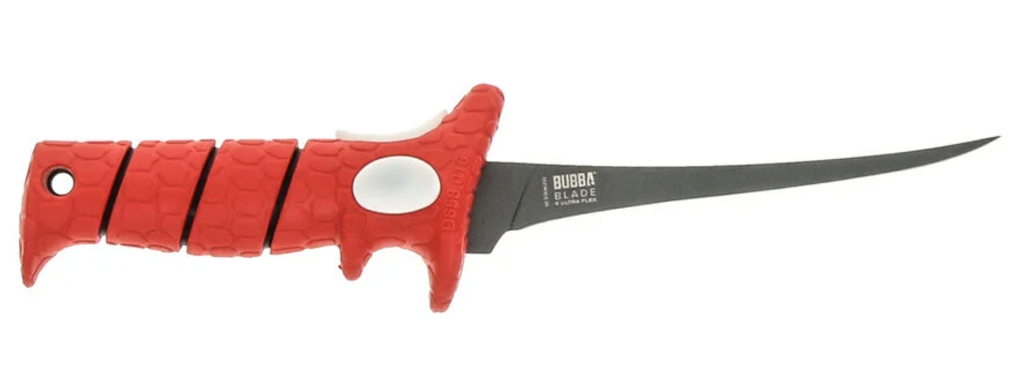 Red-handled knife with a black blade on a white background