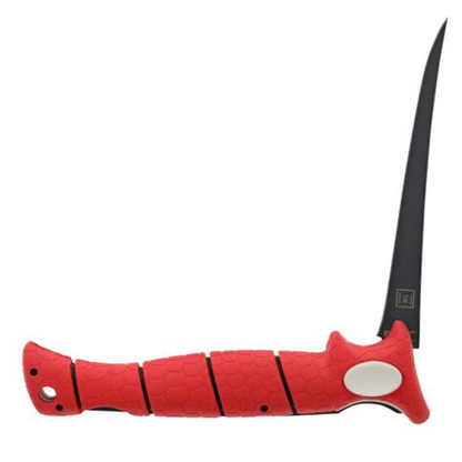 Red knife sheath with a black blade on a white background
