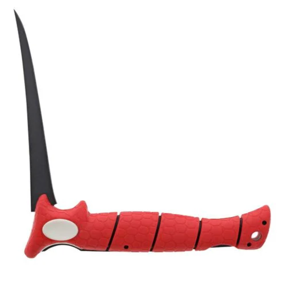 Red knife with a black blade on a white background