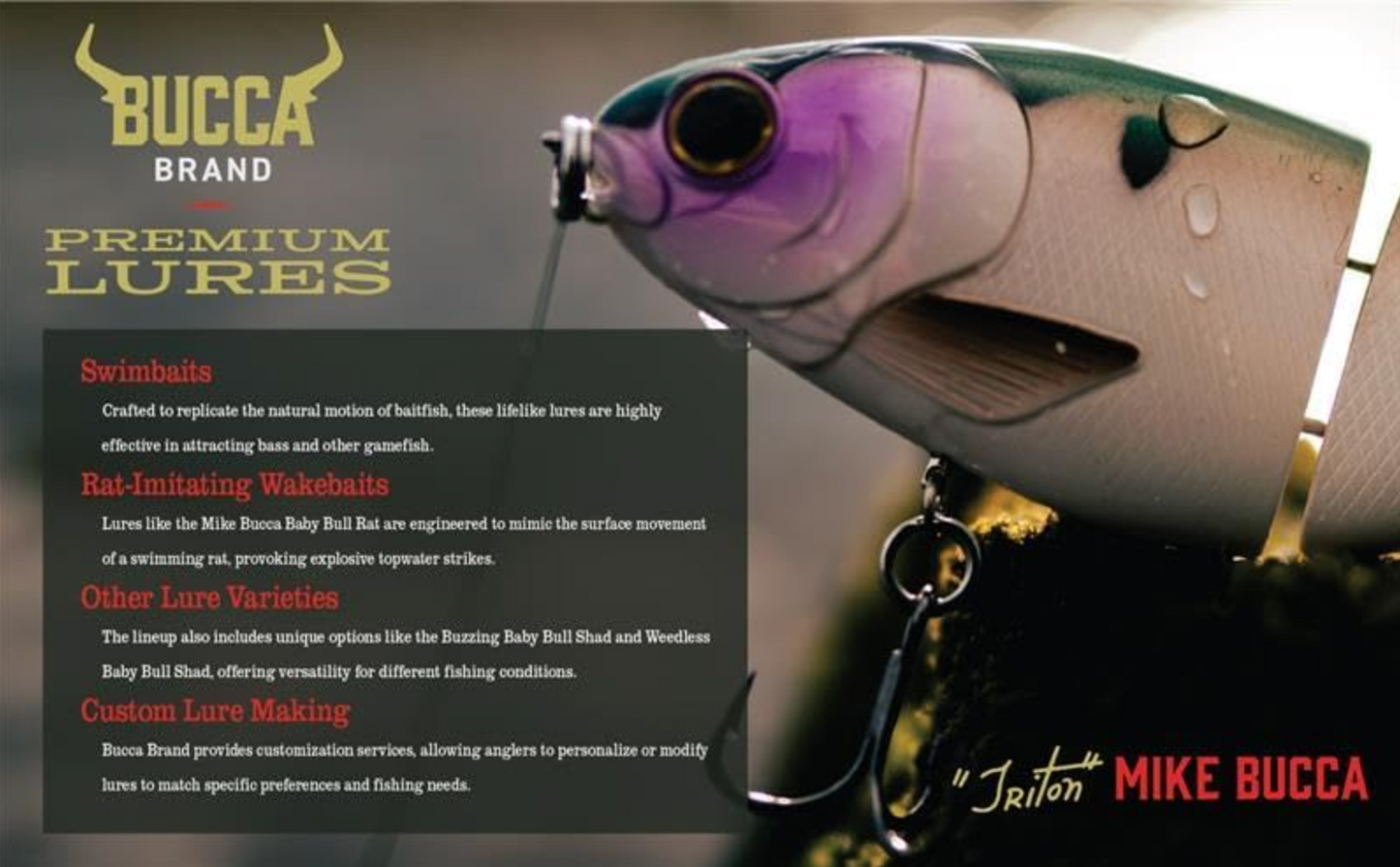 Bucca brand premium lures with detailed text on a dark background
