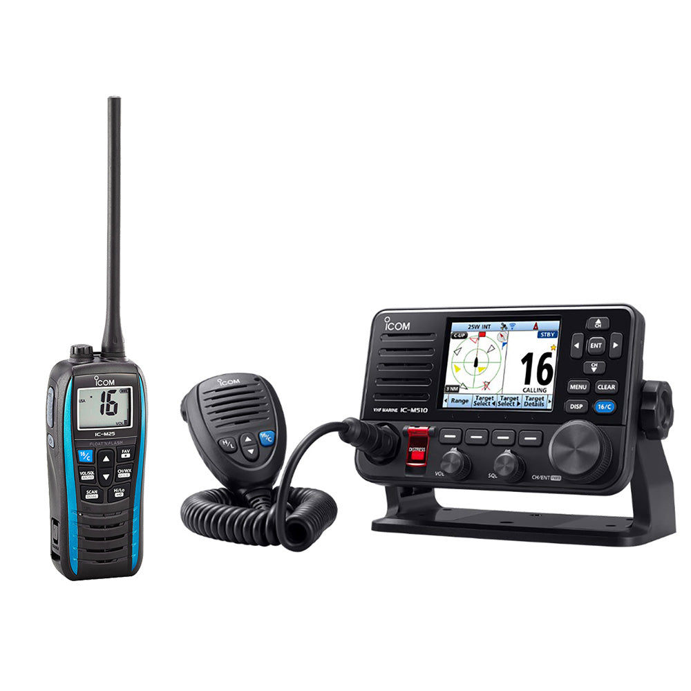 ICOM M510 EVO 51 VHF WITH AIS &amp; NMEA 2000 &amp; FREE M25 FLOATING HANDHELD VHF MARINE RADIO - 5W - BLUE