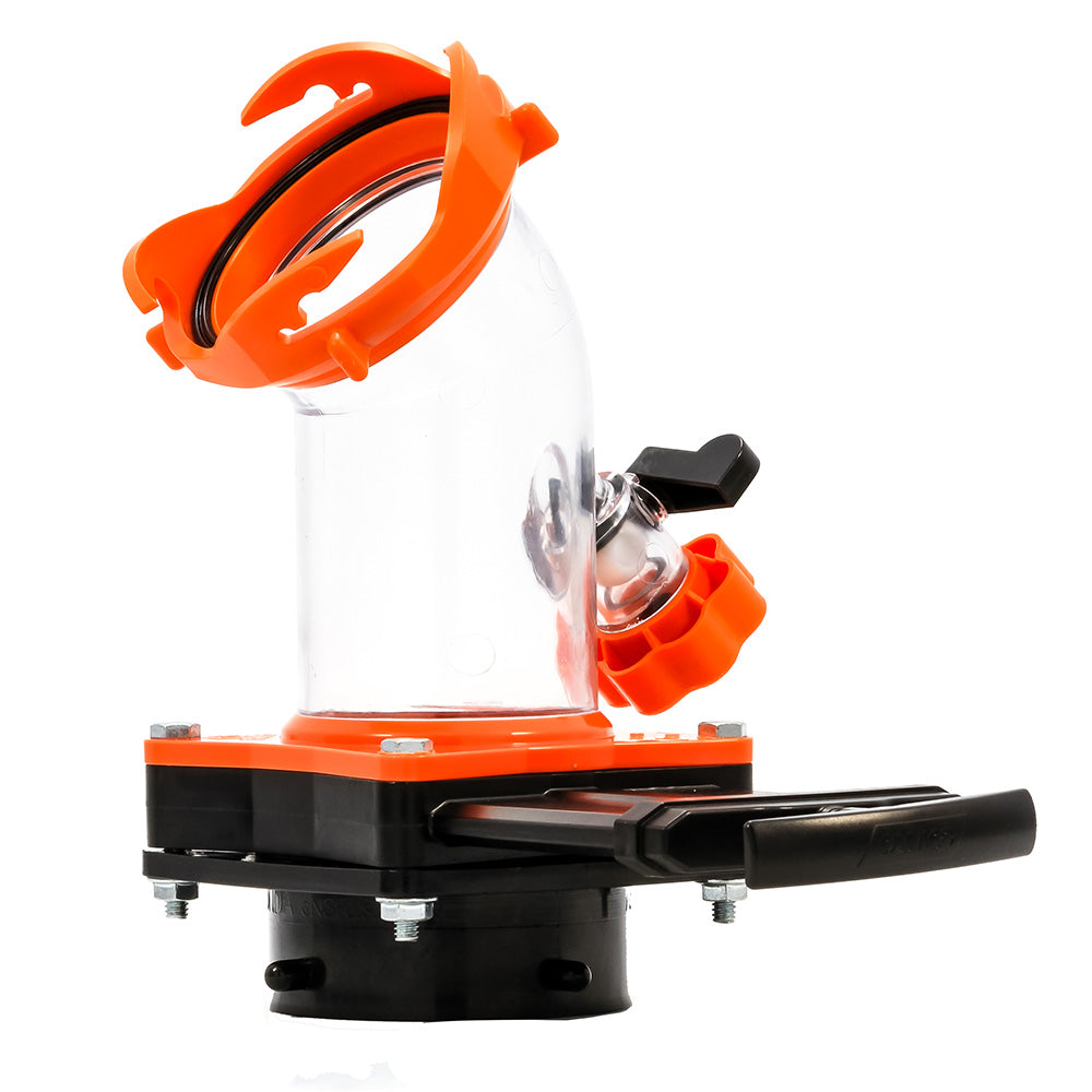 Orange and black mechanical device on a white background