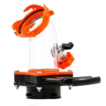 Orange and black mechanical device on a white background