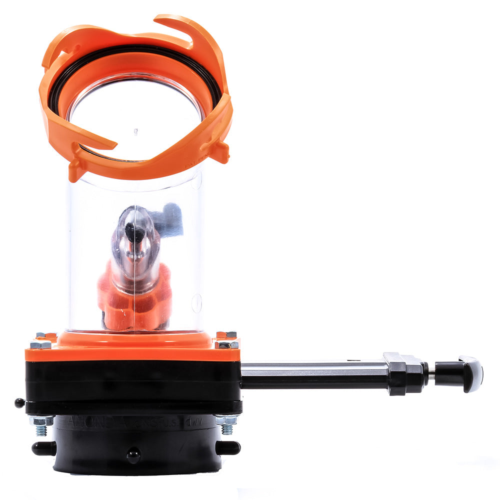 Orange and black tool with a transparent cylindrical component on a white background
