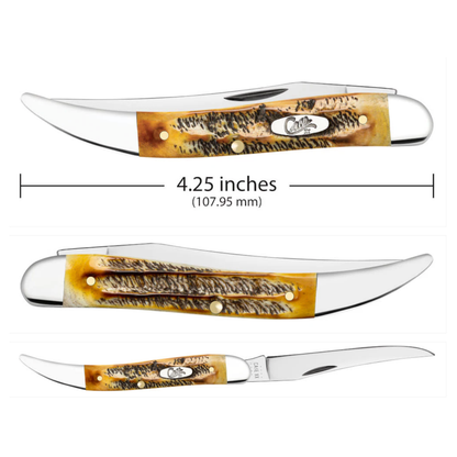 Three pocket knives with tortoiseshell handles and measurements on a white background