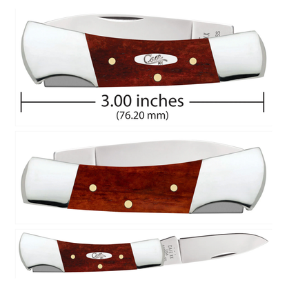 Three views of a pocket knife with a wooden handle and measurements indicated.