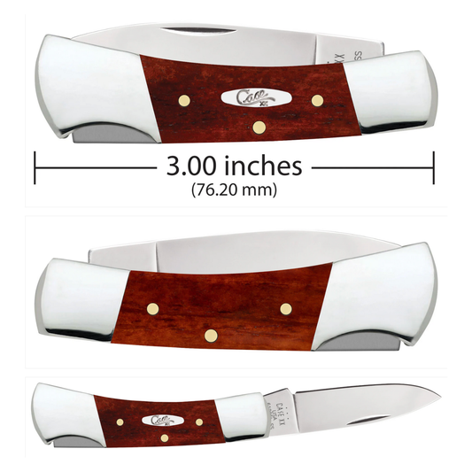 Three views of a pocket knife with a wooden handle and measurements indicated.