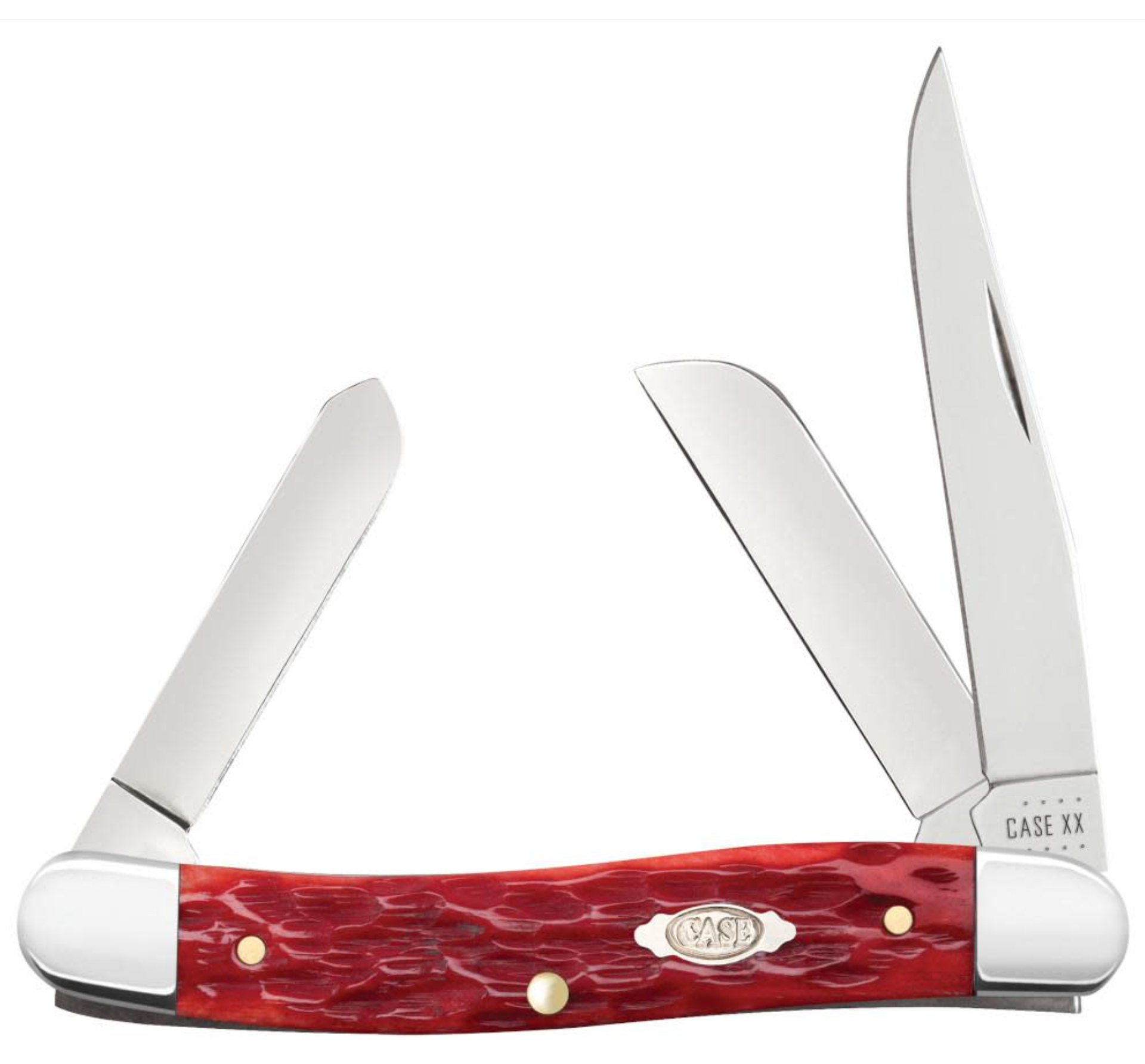 Three-pronged pocket knife with red handle on a white background