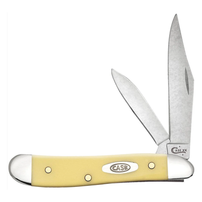 Folding knife with yellow handle and silver blade on a white background