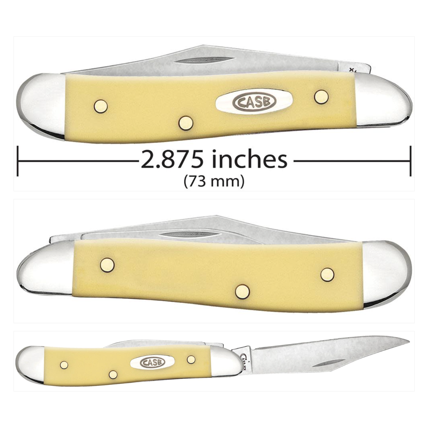 Three yellow pocket knives with measurements on a white background