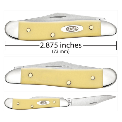 Three yellow pocket knives with measurements on a white background