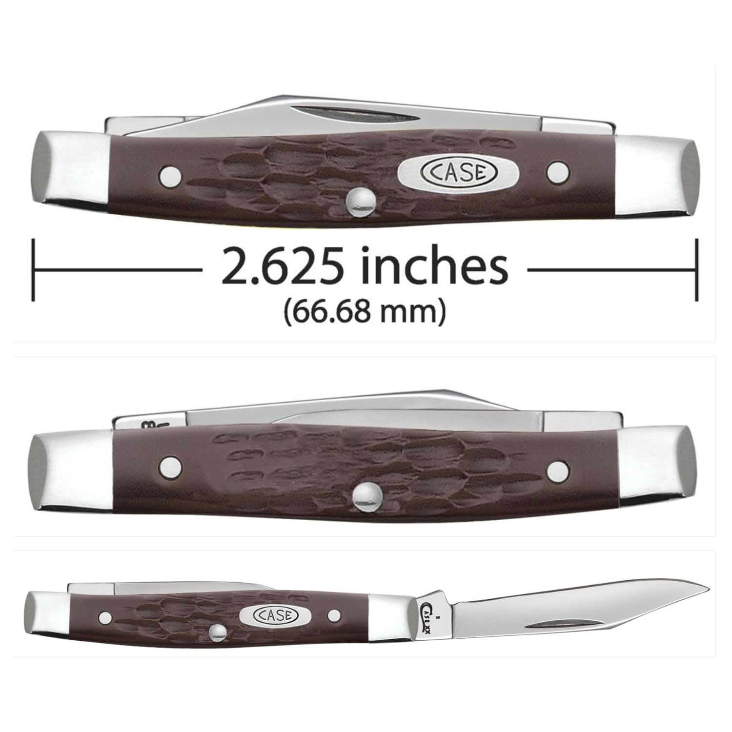 Case knife with measurements on a white background
