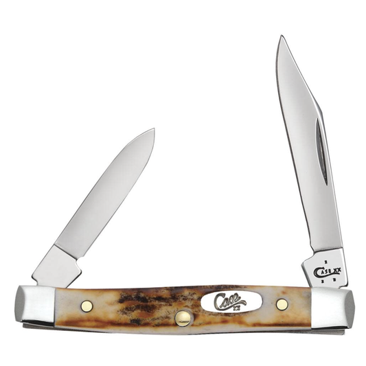 Two folding knives with staghorn handles on a white background